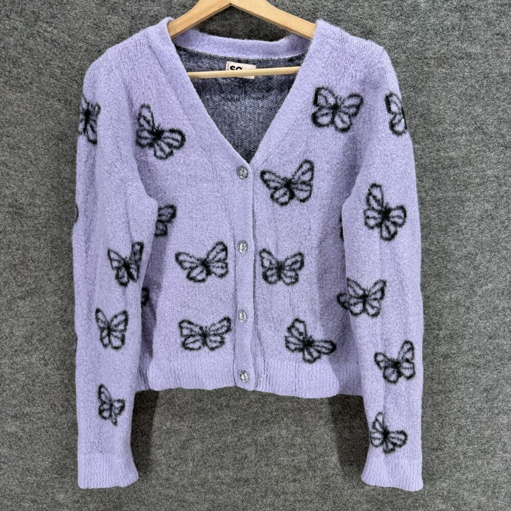 So Cardigan Women 20 Plus Purple Butterfly Print V-Neck Knit Button Long Sleeve